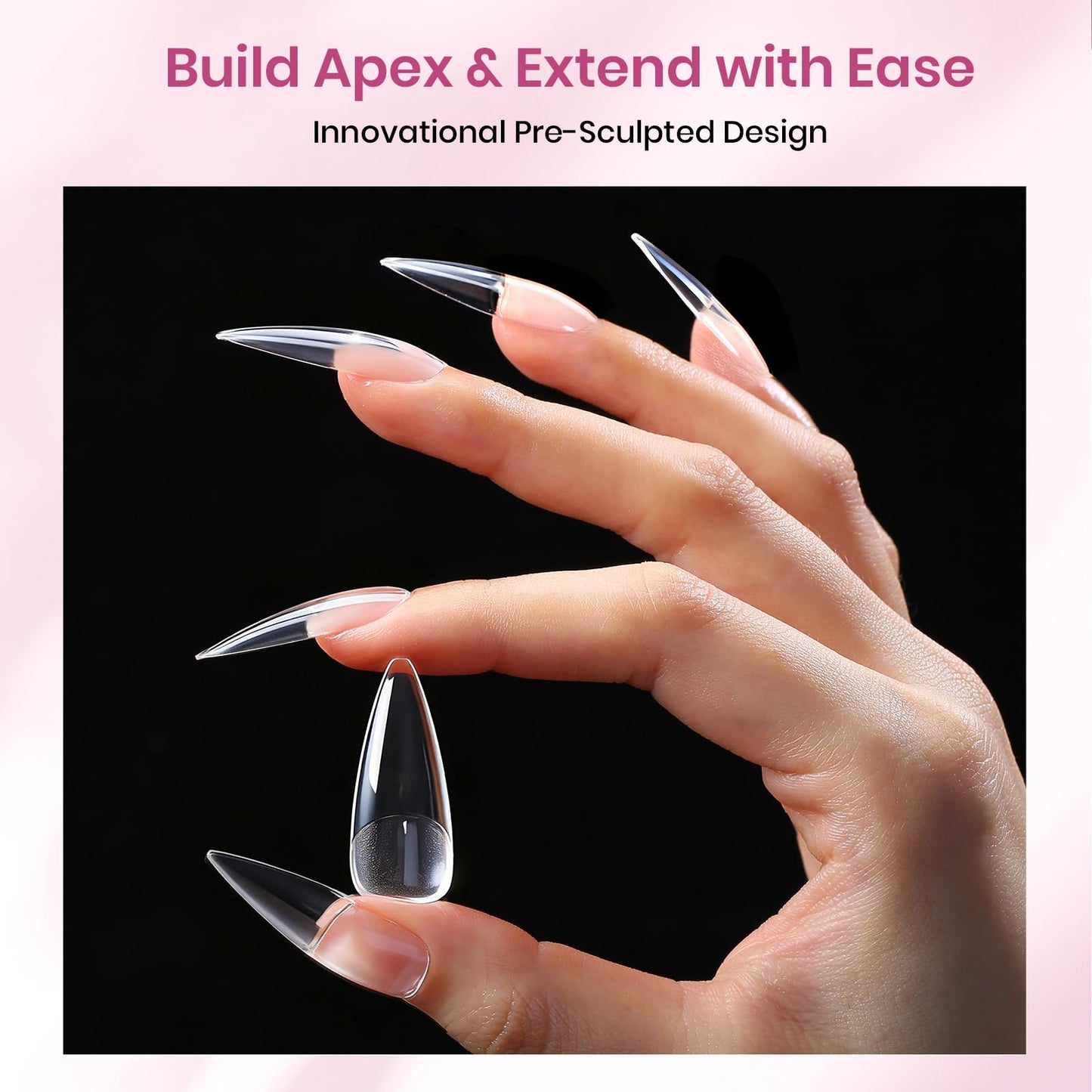 Beetles Tipex Lite Instant Apex Nail Tips, Long Stiletto, No Builder Gel Needed, 16 Sizes 00-14 for DIY Salon-look Extensions