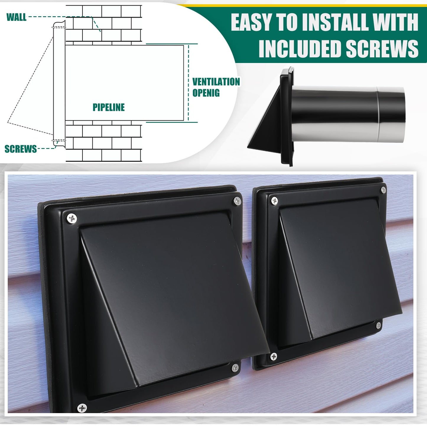 Gisafai 4" Dryer Vent Cover Outside with Stainless Steel Guard Wall Dryer Exhaust Cap and Removable Extended Pipe Vent Shroud Hood Cushioned Non Return Flap with Sealing Gasket Grille(Black)