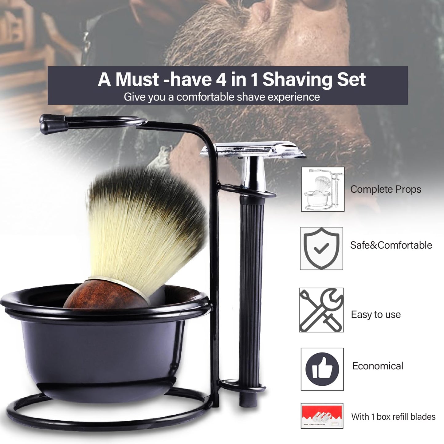 Danweix Men's Safety Shaving Razor Brush Set, Shaving Kit Includes Manual Razor + Stand Holder + Shaving Brush+ Shaving Bowl+10pcs Refill Blades, Gift Set