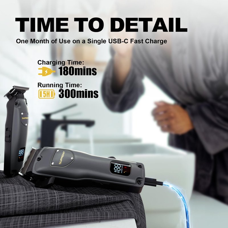 SUPRENT Hair Clippers for Men Professional, USB-C Rechargeable Cordless Clippers for Hair Cutting, Mens Hair Clippers and Trimmer Kit for Barber with LED Display for Barbers & Home Use