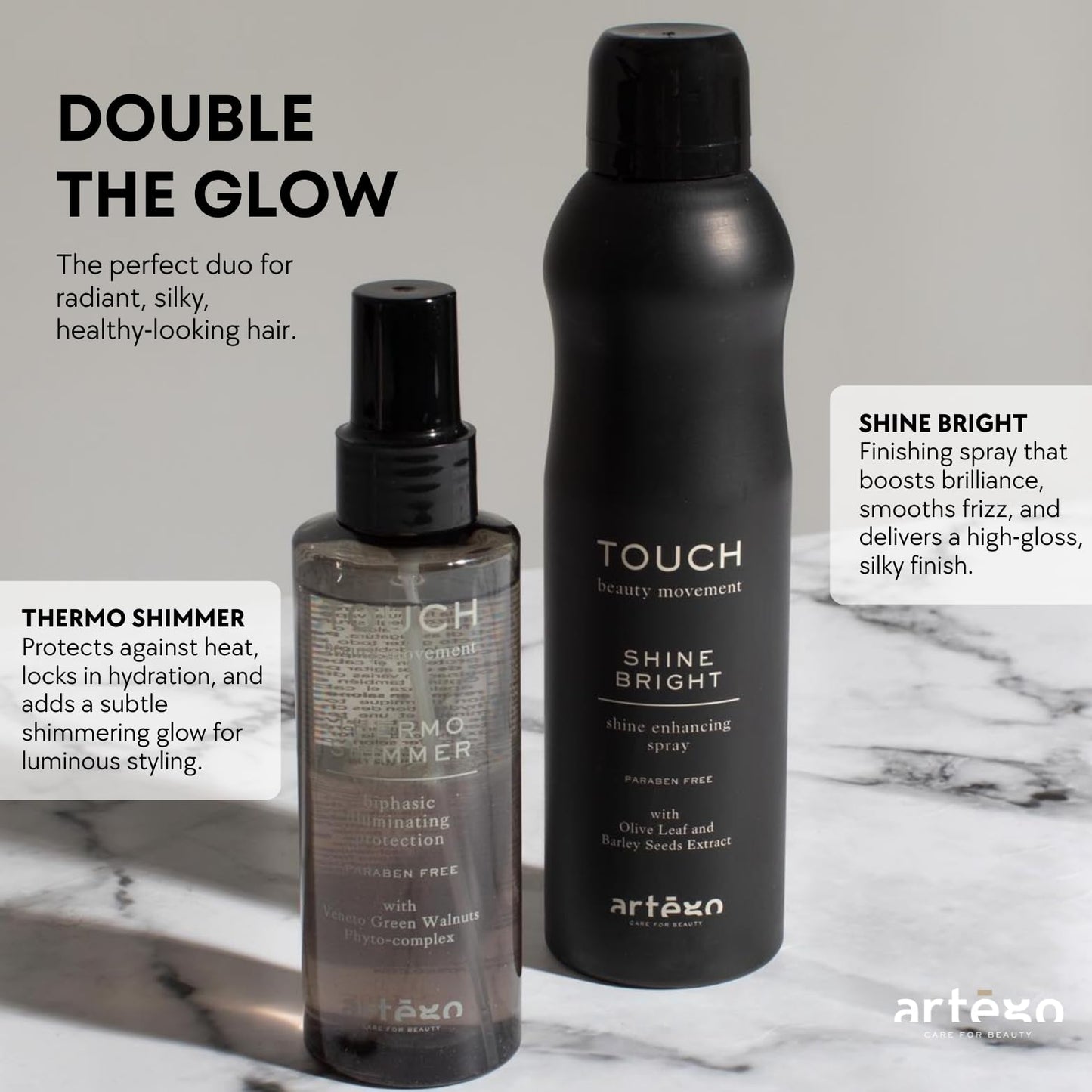Artègo TOUCH Thermo Shimmer Spray (5.1 oz) – Biphasic Heat Protection & Shine Spray for Smooth, Glossy, Frizz-Free Hair