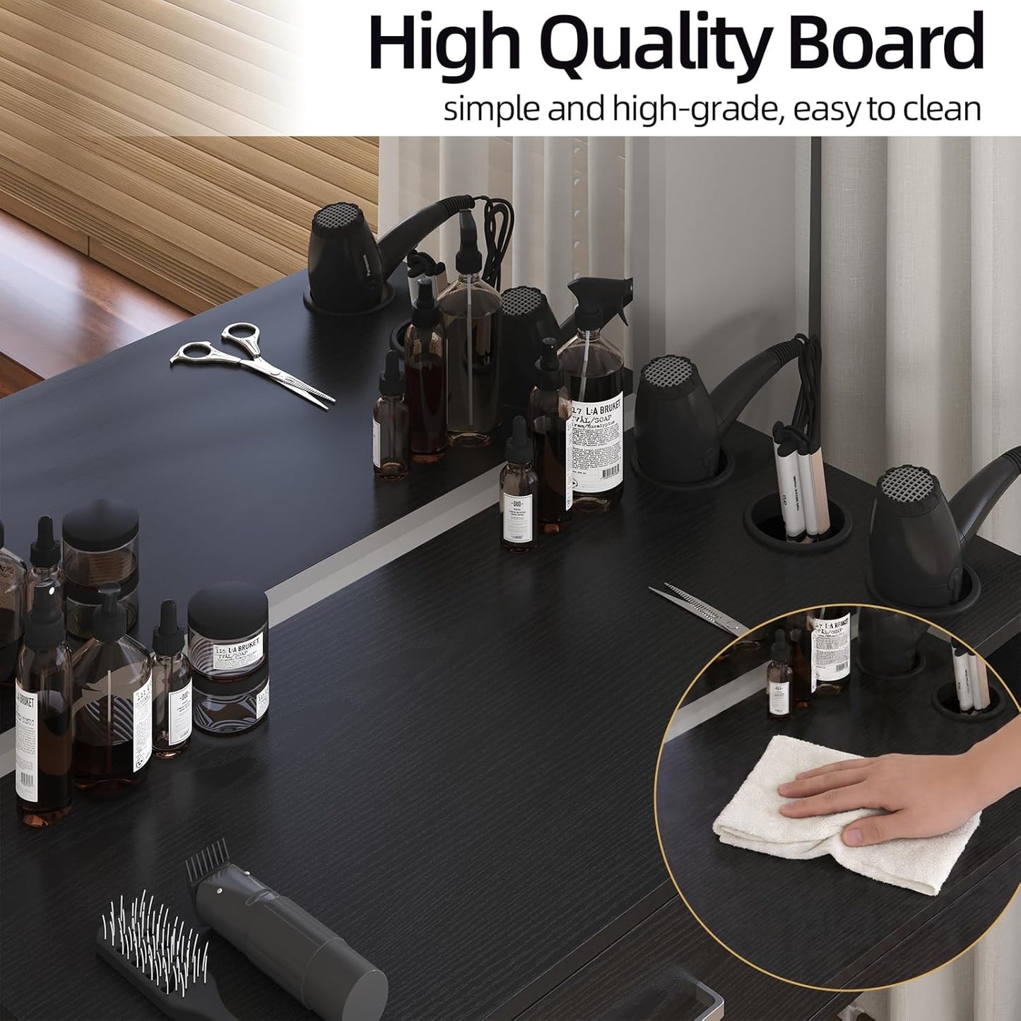 Wall Mount Salon Station - 36" Black Barber Organizer with Drawer & Shelves | 3 Dryer Holders