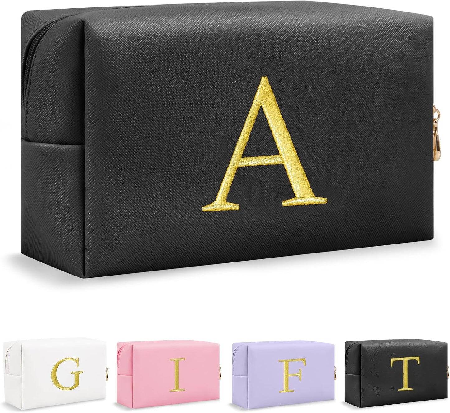 Personalized Initial Makeup Bag - Gold Embroidered Cosmetic Bag for Teens | Custom Travel Toiletry Bag (Black)
