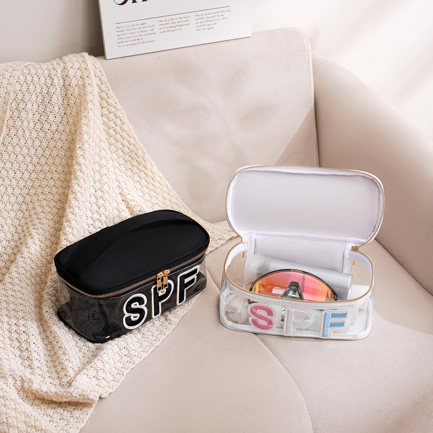 RSRSLEII Clear Waterproof Summer SPF Makeup Bag，Aesthetic Transparent Letter Patch Cosmetic Bag with Metal Zipper, Preppy Sunscreen Accessories Storage Organization, Beach Travel Purse(07SPF Black)