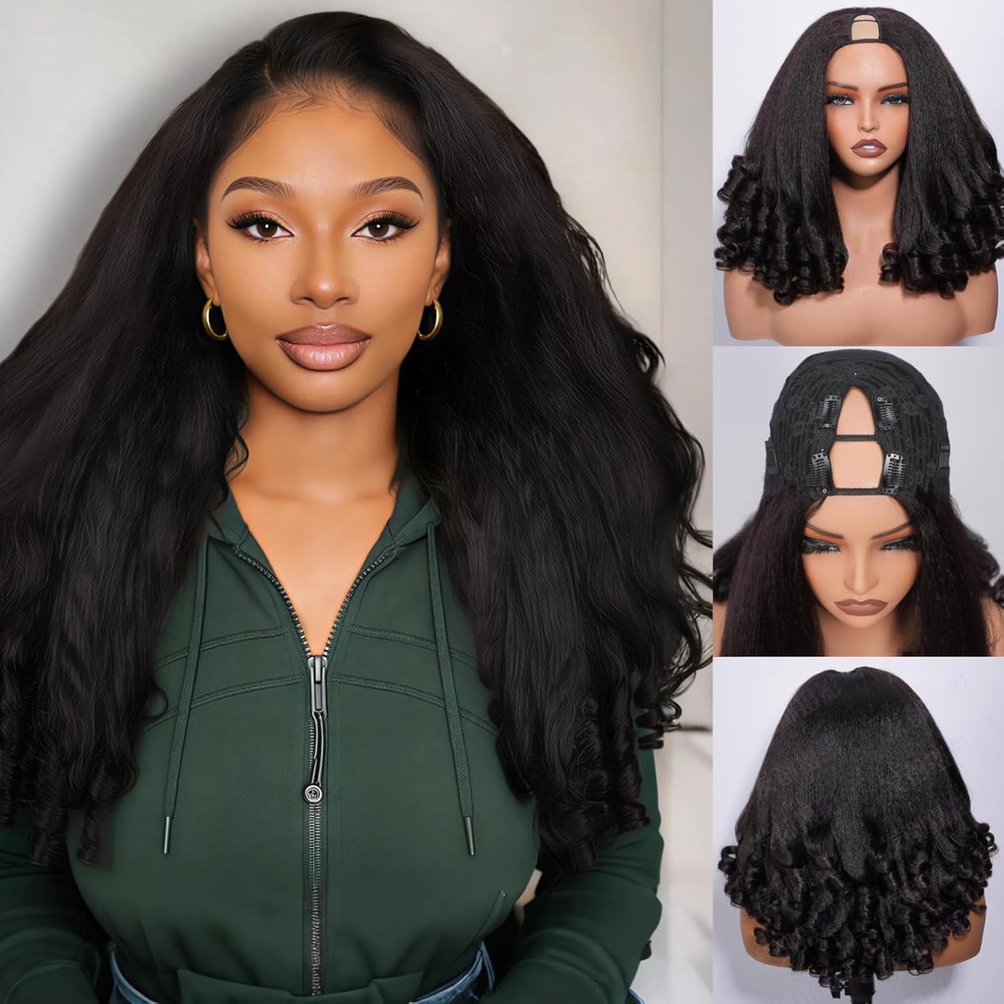 V Part Human Hair Wig - 250 Density 22 Inch Kinky Straight | Glueless, No Sew, Clip-In Design