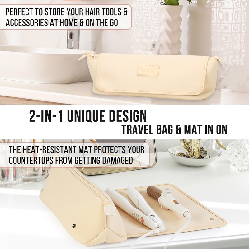 BAREFOOT CARIBOU Hair Tools Travel Bag and Heat Resistant Mat (15.5") for Flat Irons, Straighteners, Curling Iron, and Haircare Accessories, 2-in-1 design, Interior Pockets, Portable Organizer (Ivory)