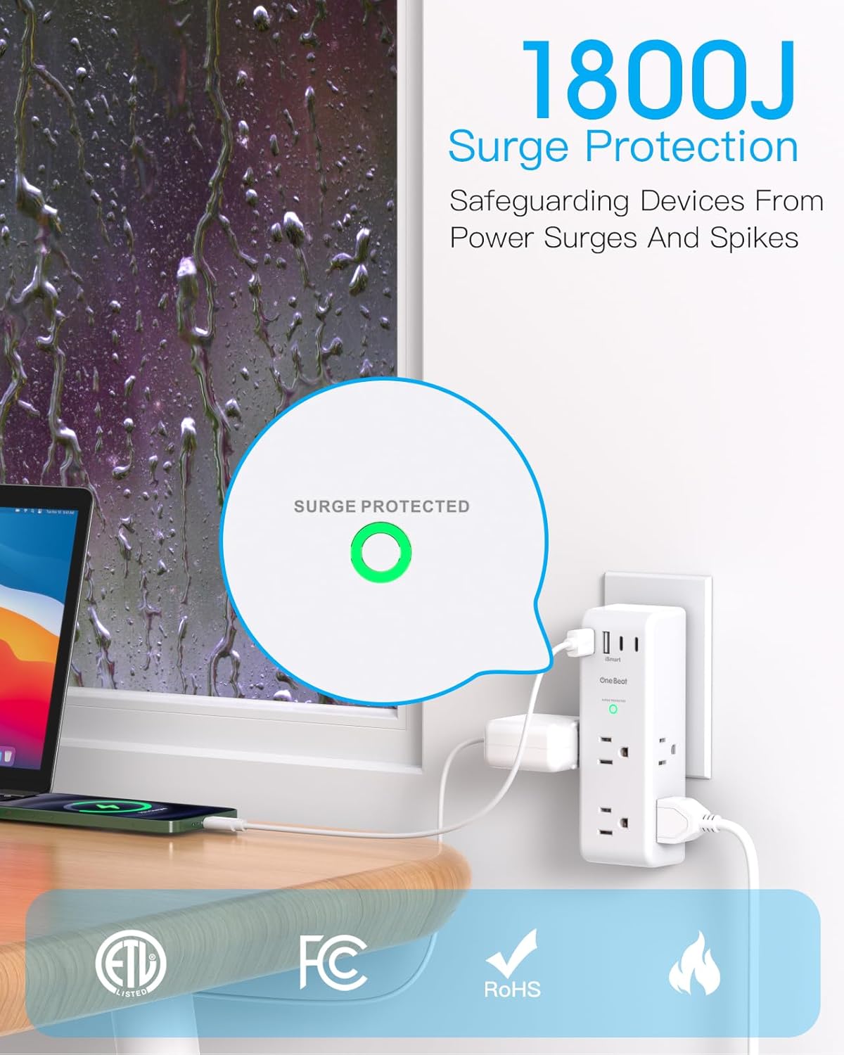 Surge Protector Outlet Extender - 6 AC Multi Plug with 4 USB Ports, Rotating Plug & 1800J Protection | Ideal for Home, Office & Travel