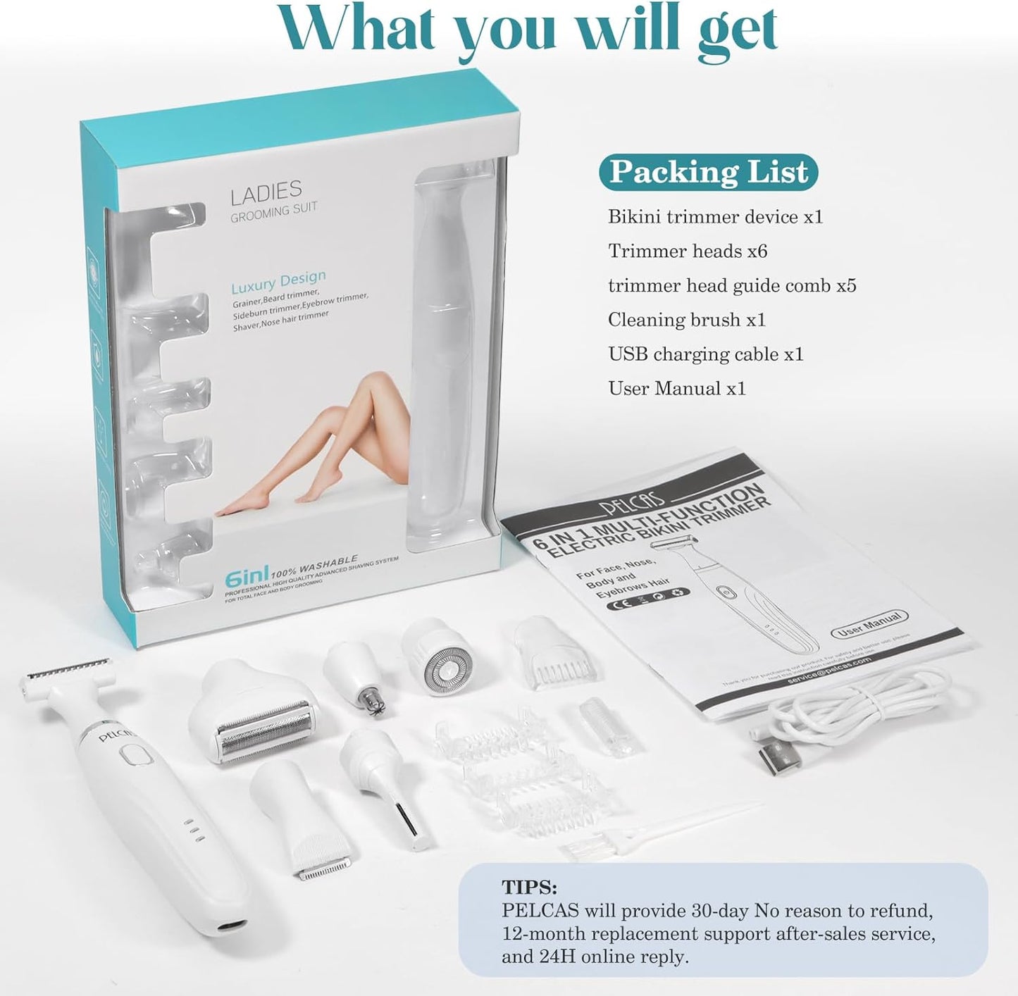 Bikini Trimmer Kit for Women - 6-in-1 Electric Shaver & Hair Removal | Cordless, Versatile for Body, Face, Nose, Eyebrow