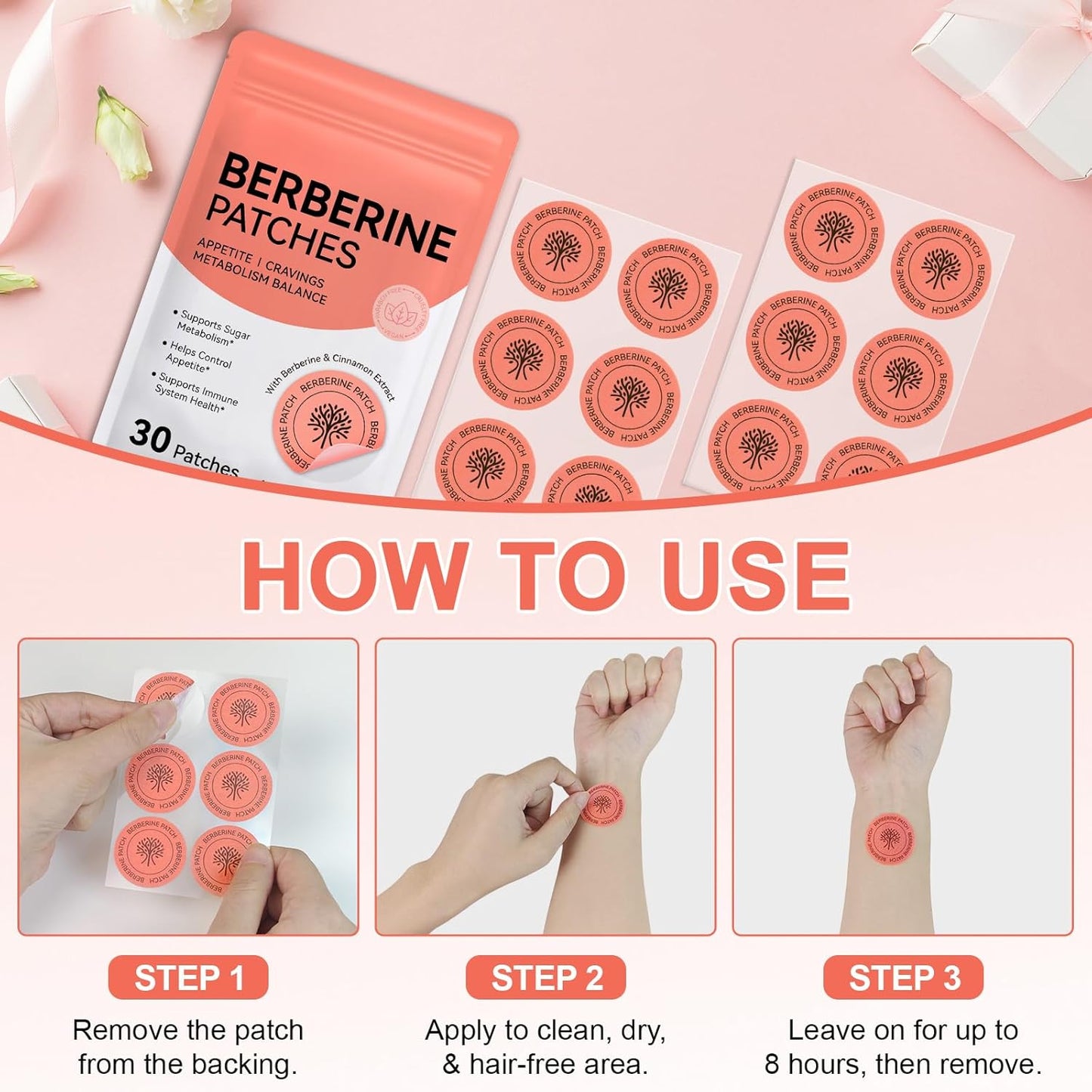 Berberine Patches - Ultra-Thin & Breathable Textile, Waterproof Botanical Formula | 30 Pcs with Cinnamon & Pomegranate