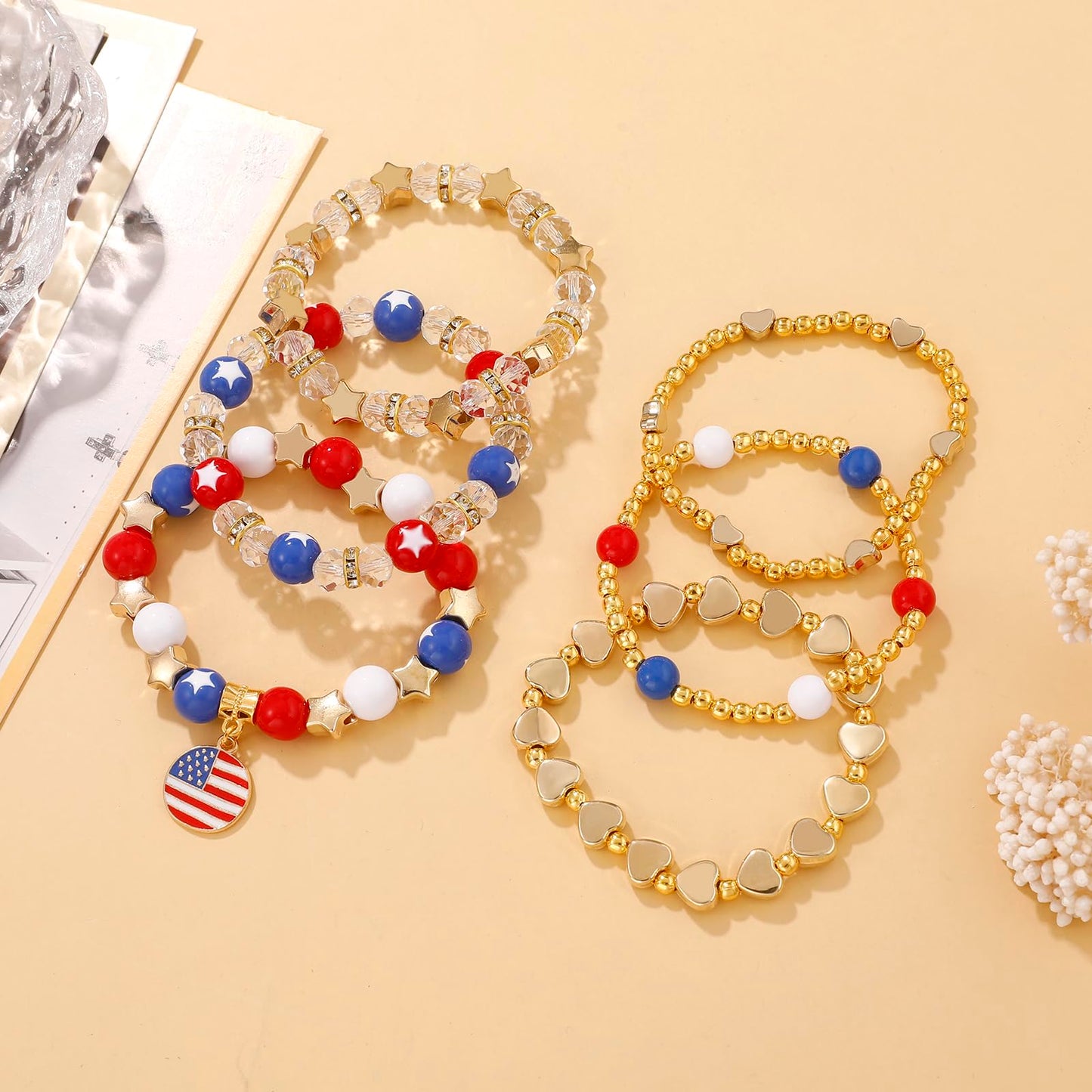 CANUMARA 4th of July Patriotic Bracelets for Women Men Teens – Red White Blue Beaded Stackable Stretch Bracelets – USA Independence Day Gifts – American Flag Handmade Jewelry（SSL-1 6T）