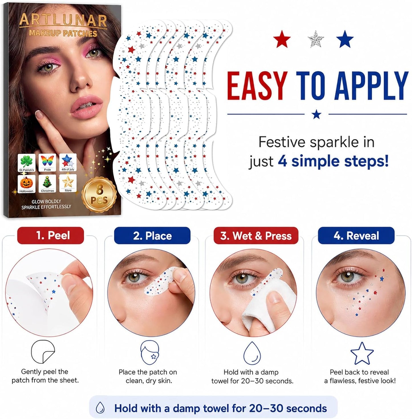 Artlunar 8 Pcs Red White Blue Star Freckle Stickers - Glitter Face Makeup for 4th of July | Patriotic Accessories for Women & Kids