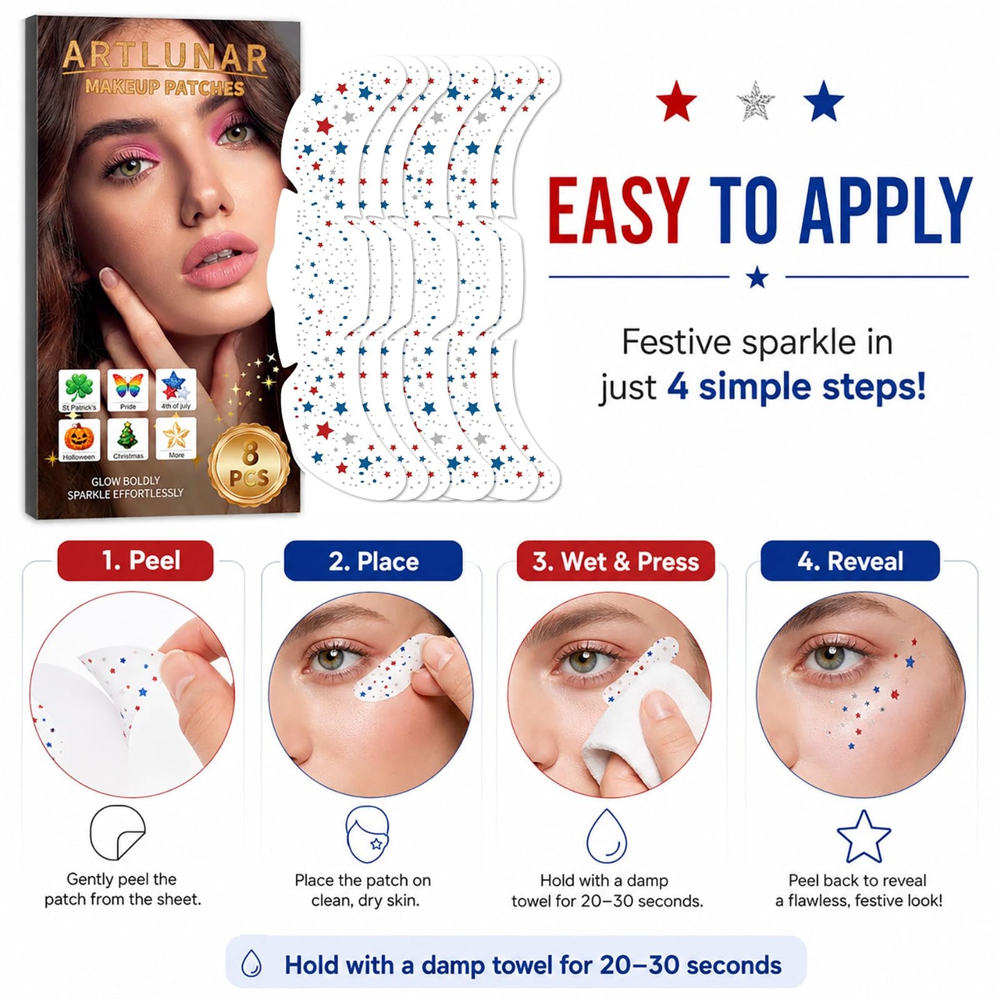 Artlunar 8 Pcs Red White Blue Star Freckle Stickers with Silver Glitter Powder for Face, 4th of July Glitter Face Stickers for Women Kids, Patriotic Independence Day Makeup Accessories
