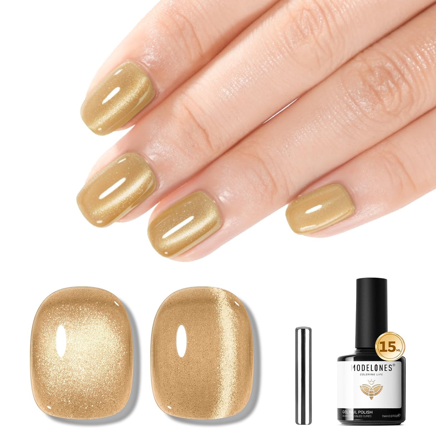 Modelones Nude Cat Eye Gel Nail Polish - 9D Holographic Gold Glitter & Pink Shimmer | 15ML Soak Off UV Formula