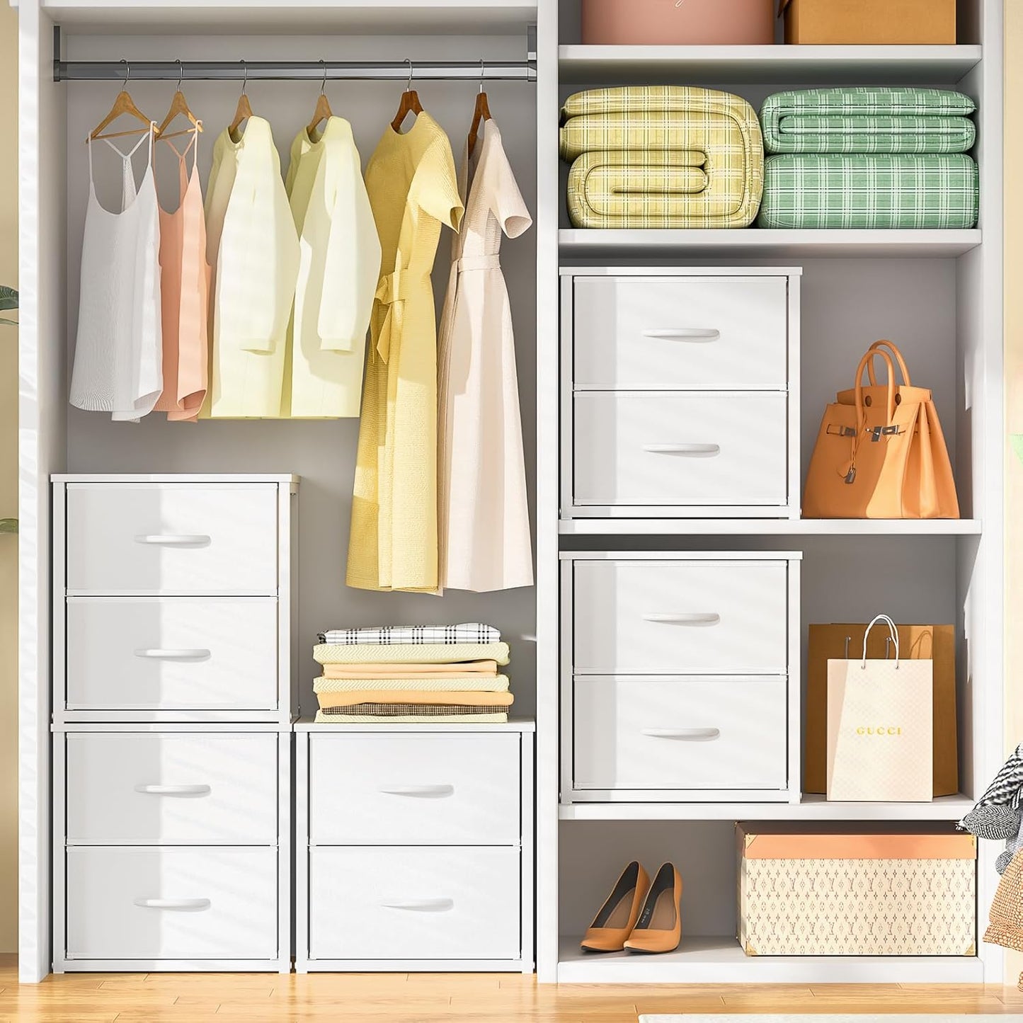 Stackable Storage Drawers - White Closet Organizer with Wooden Top & Metal Frame | Versatile Dresser for Bedroom & Living Room