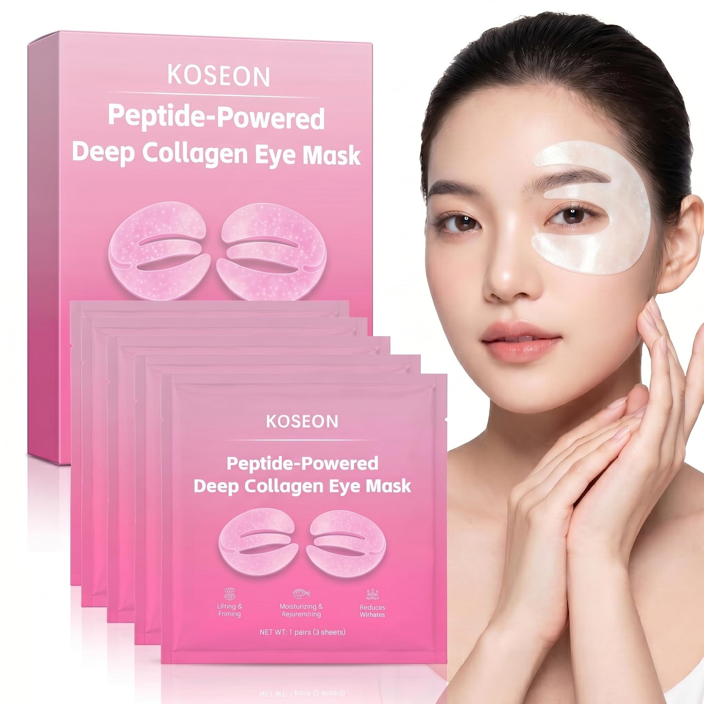 KOSEON Collagen Eye Mask, 360° Under Eye Patches with Caffeine & Niacinamide for Dark Circles, Puffiness & Fine Lines, Korean Skin Care, 10 Sheets 5 Pairs