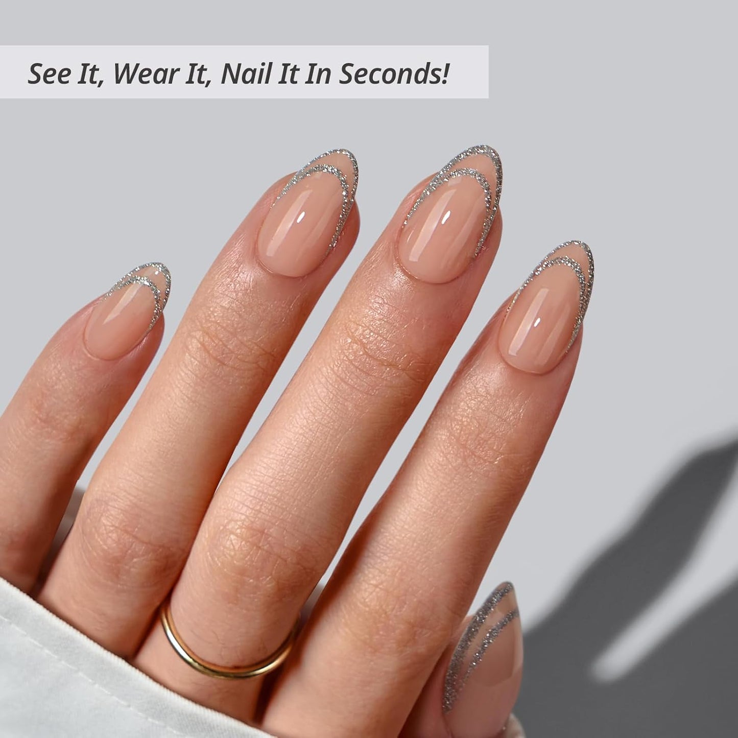French Tip Press On Nails - Silver Bells | Lamp-Curable Short Almond Design, 16 Sizes, 32 Soft Gel Kit