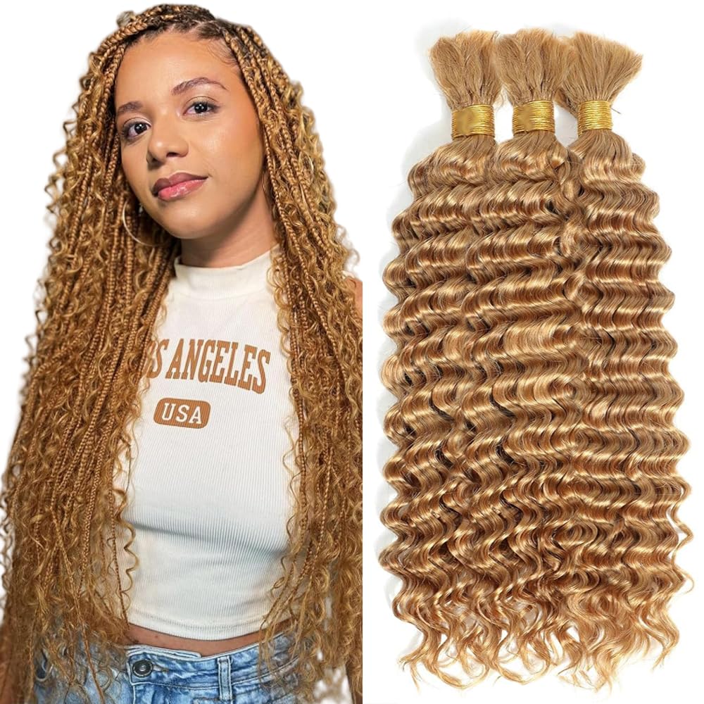 22 22 22 Inch #27 Blonde Human Braiding Hair for Boho Braids 150g Deep Curly Bulk Knotless Boho Braiding Honey Blonde Deep Wave Virgin No Weft Extensions Bohemian Braids 3 Bundles/Pack Caramel