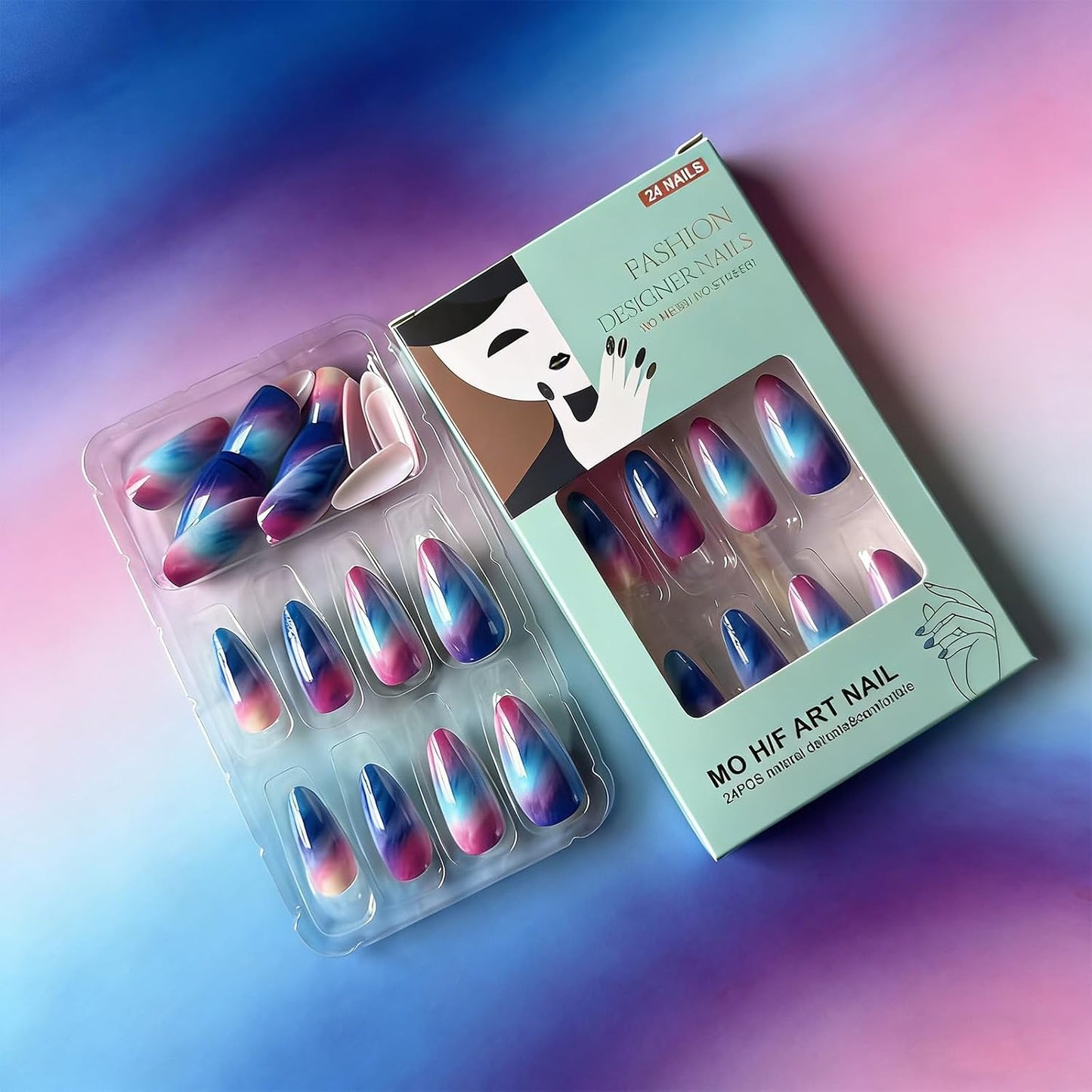 Colorful Gradient Press-On Nails - Medium Almond Summer Sunset | Reusable Glossy Full Cover 24 Pcs with Adhesive Stickers