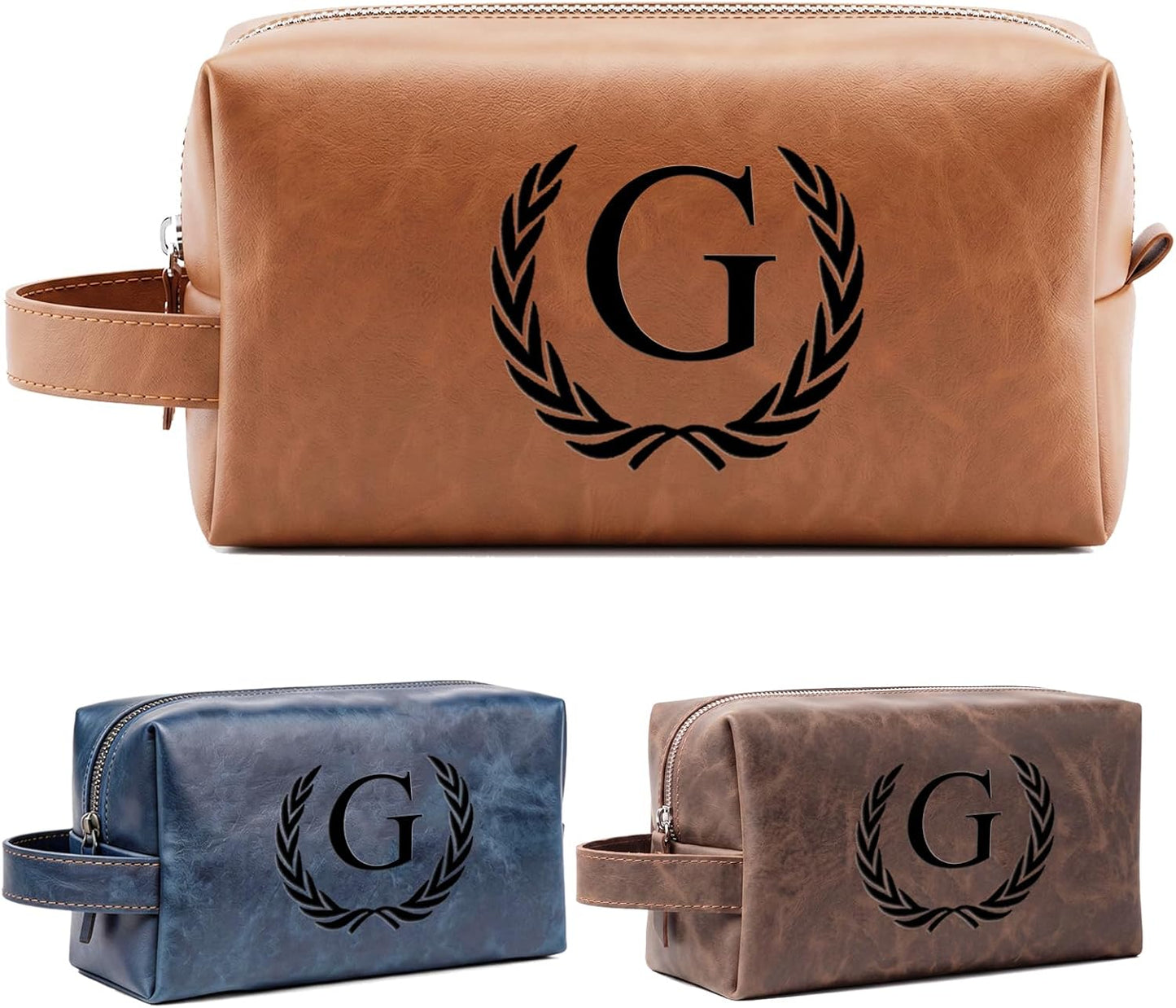 Personalized Leather Toiletry Bag for Men | Engraved Initial Waterproof Travel Bag - Dark Brown