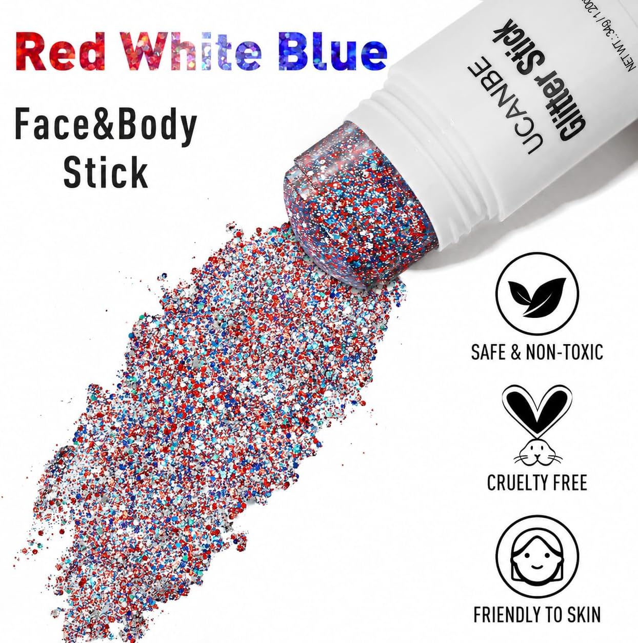 Body Glitter Stick - Red White Blue Face & Hair Makeup for Festivals | 1.2 oz Chunky Glitter