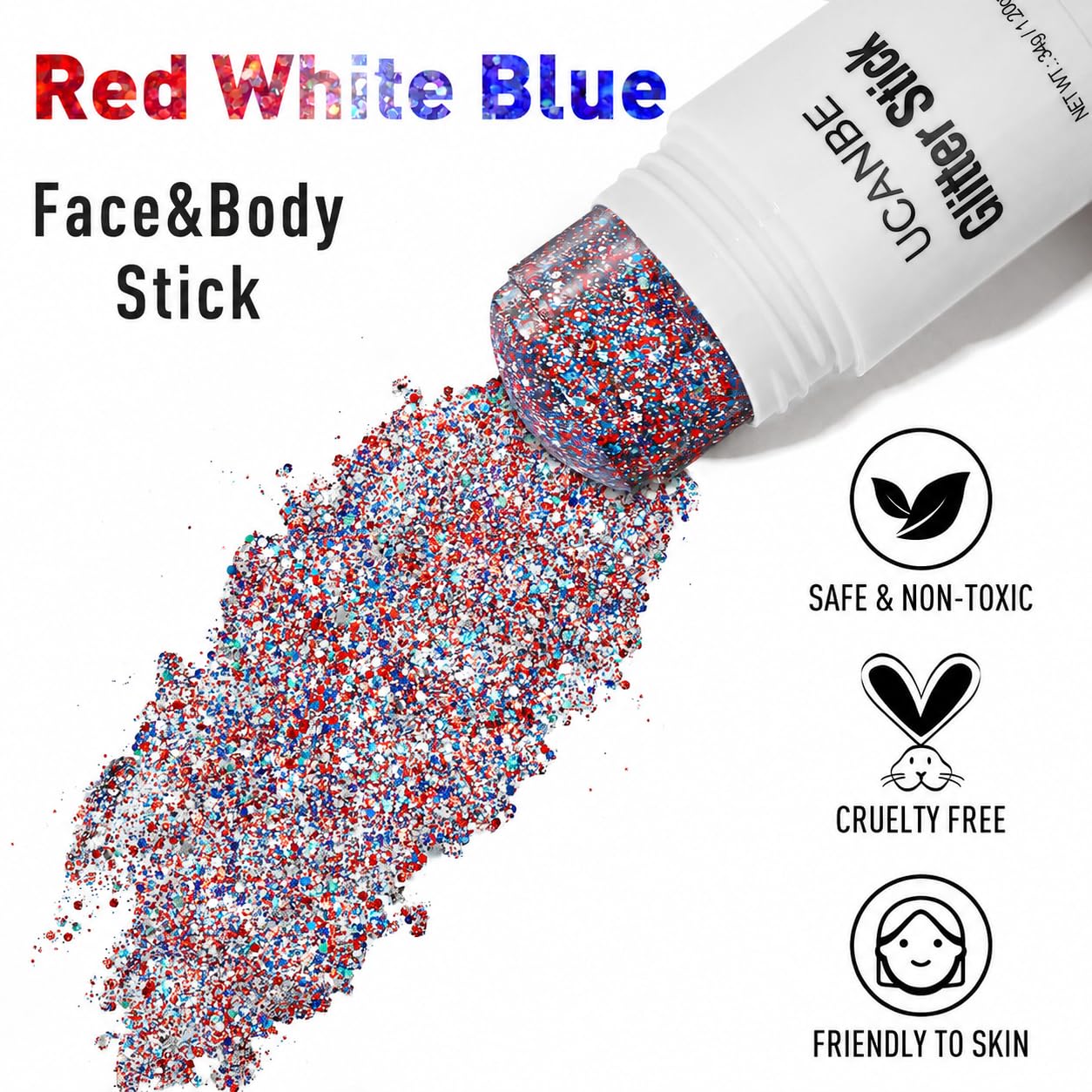 UCANBE Red White Blue Body Glitter Stick for Fourth of July Singer Concerts Music Festivals, Face Glitter Makeup for Face Body Hair Eyes & Lips, Chunky Glitter for Women 1.2OZ