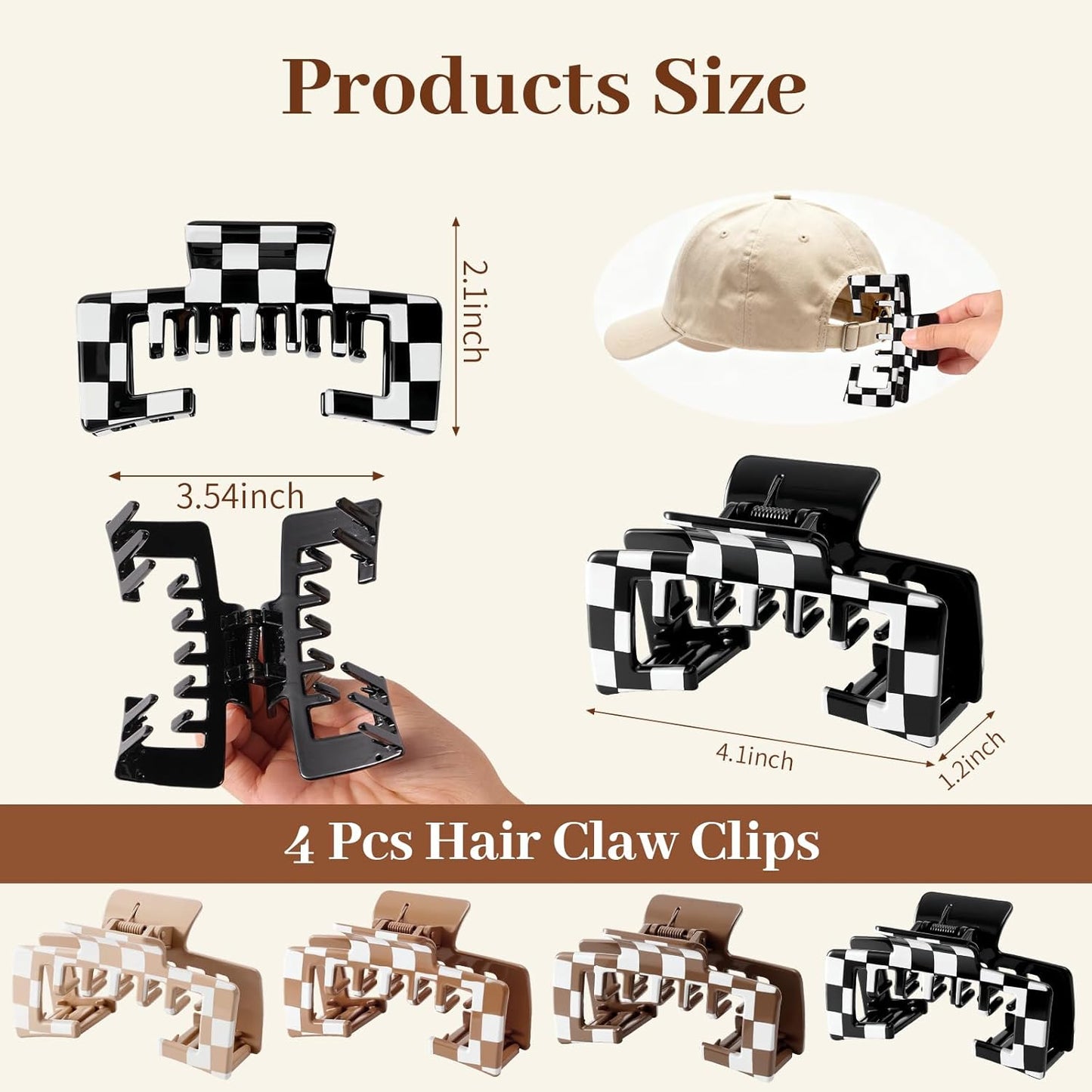 Large Hair Clips for Baseball Caps - 4.1 Inch Non-Slip Claw Clips for Women & Girls | Checkered Design