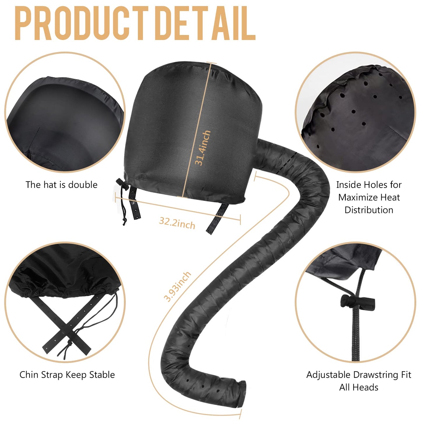 Bonnet Hood Hair Dryer Attachment - Hair Dryer Bonnet with Elastic Strap, Used for Hair Styling, Deep Conditioning and Hair Drying (Black)