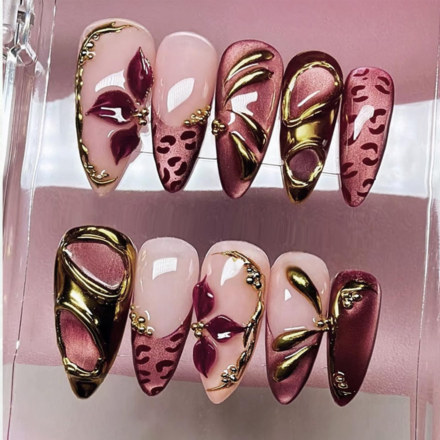 Press-On Nails - 30 Pcs Pink Flower French Tip Design | Short Almond 3D Floral Full Cover Acrylic Set