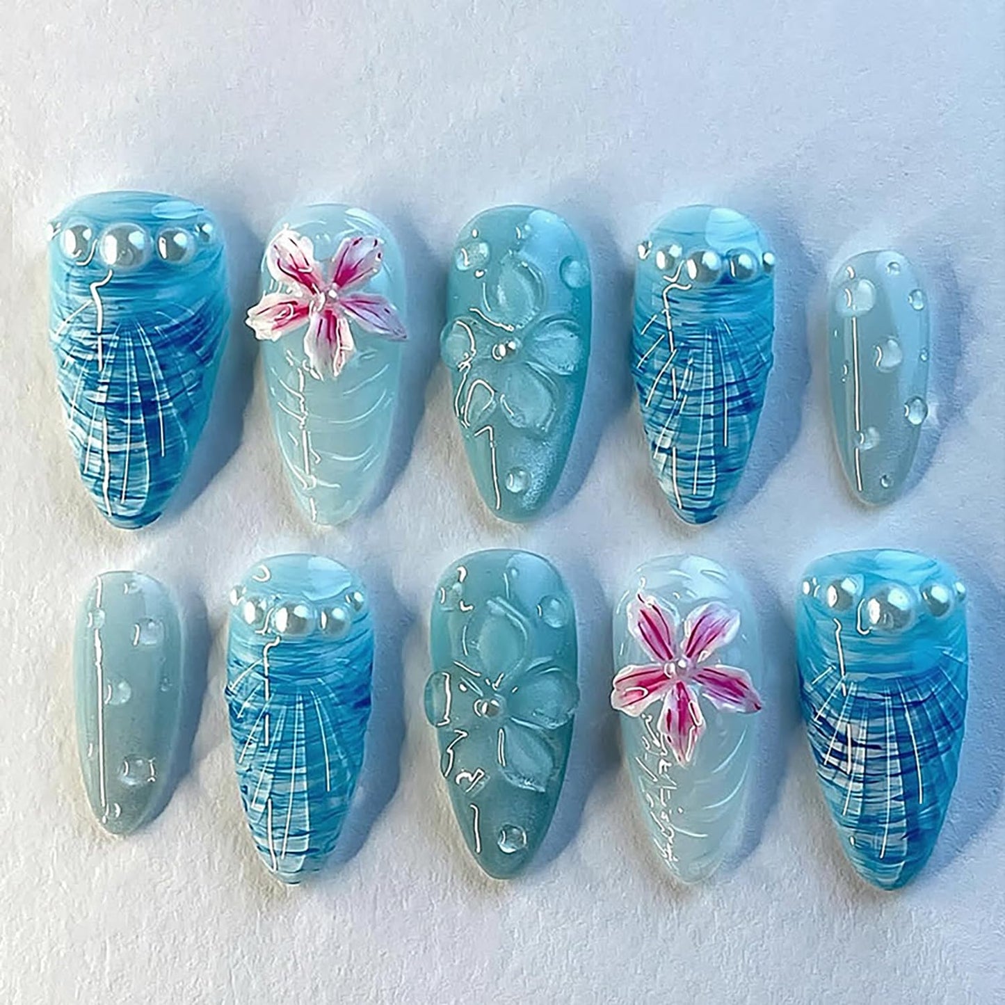 30pcs Summer Ocean Beach Press on Nails Medium Almond Fake Nails with 3D Flower Pearl Design Cute Floral False Nails Blue Ocean Artificial Nails Full Cover Stick on Nails for Women Nail Decorations
