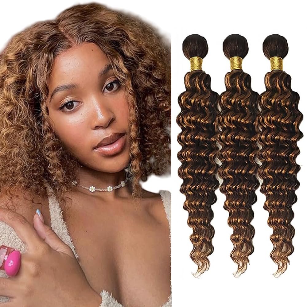 Brown Human Hair Bundles Color 30 Deep Wave Bundles 4/30 Deep Wave 3 Bundles 12 14 16 Inch Brazilian Unprocessed Virgin Hair Extensions