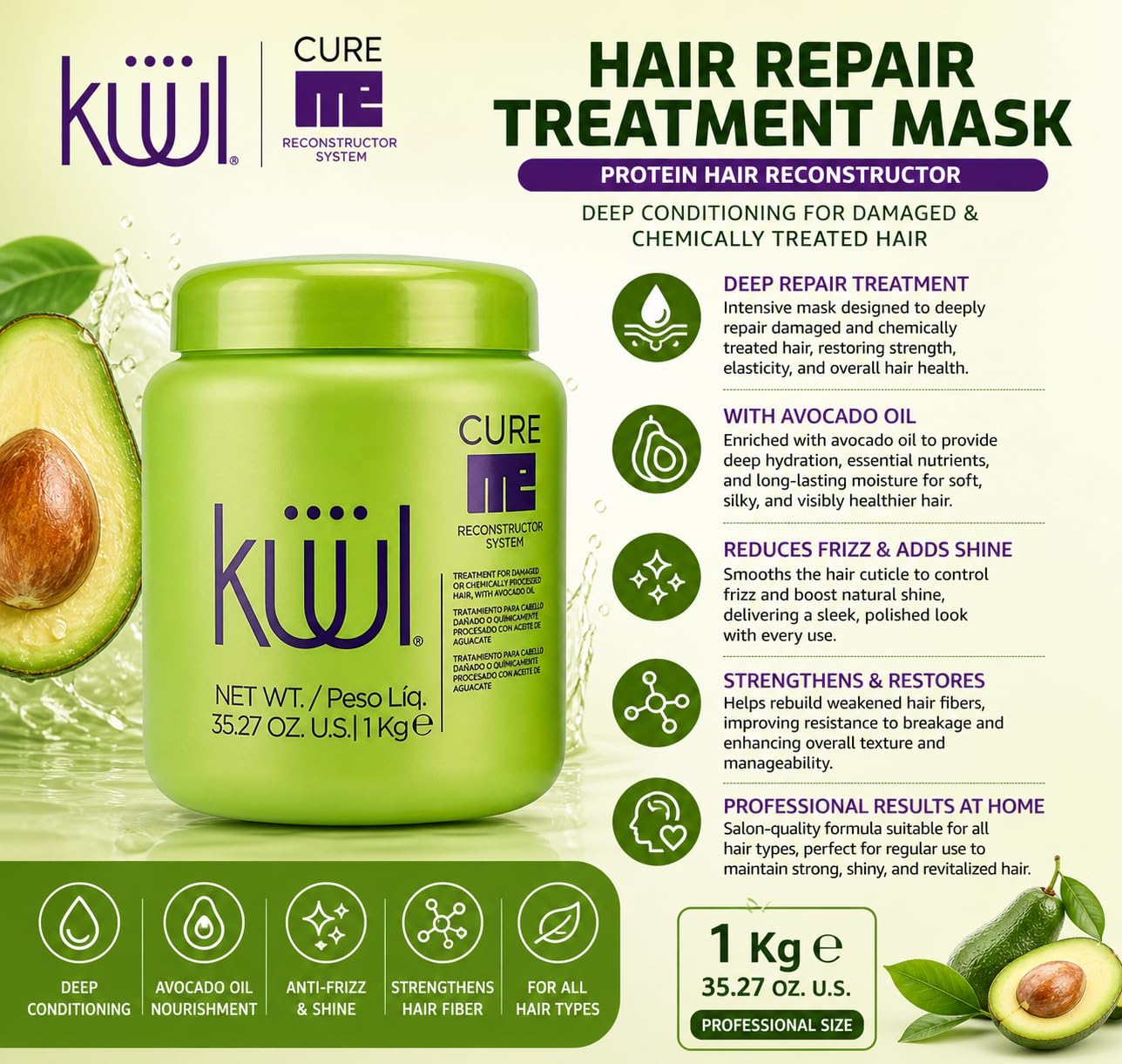 Hair Repair Treatment Mask - Avocado Oil Protein Reconstructor for Damaged Hair | 35.2 oz Deep Conditioning & Anti-Frizz