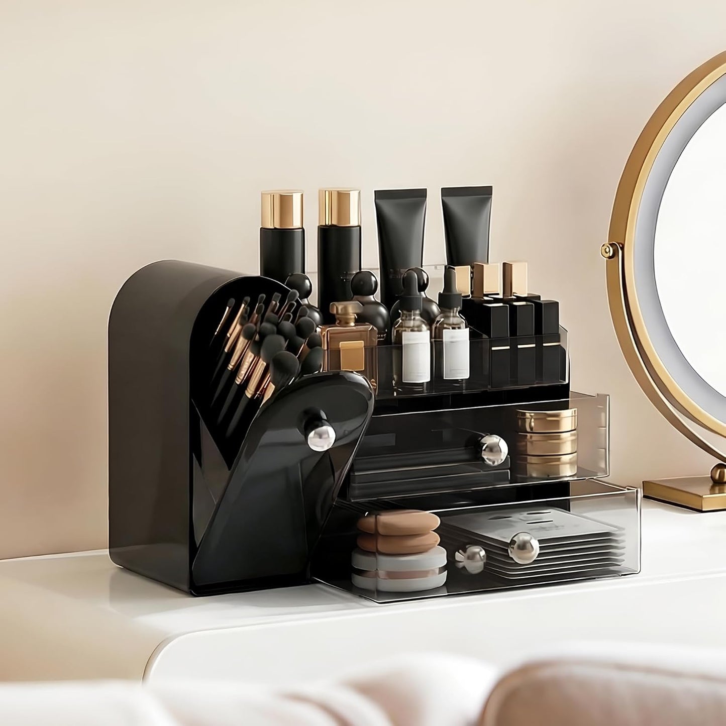 Makeup Organizer - Large Dustproof Vanity Storage with 2 Clear Drawers | Black Skincare & Cosmetics Holder