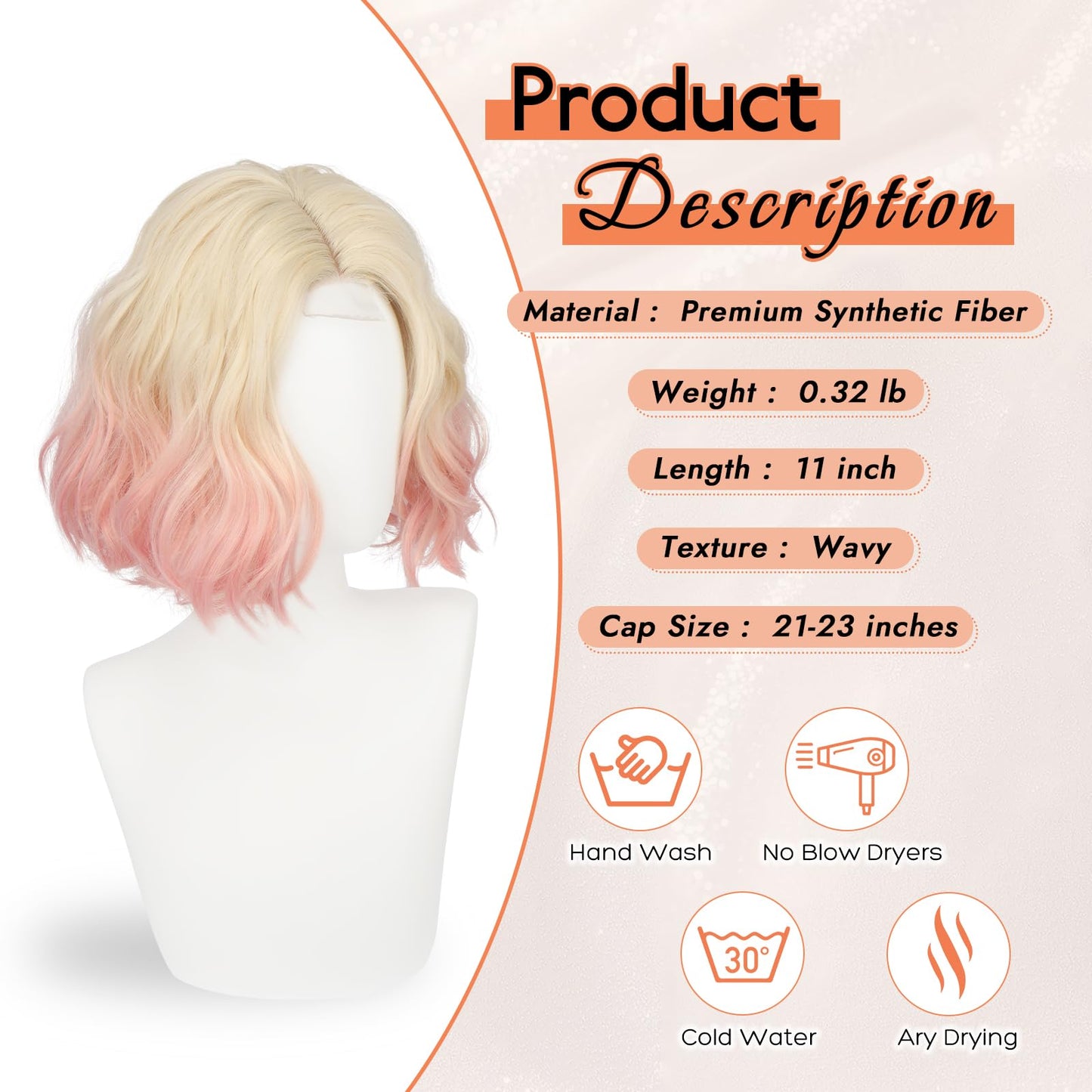 Haloo Pink Bob Wig for Women Lace Front Hairline Short Soft Wavy Curly Natural Looking Middle Part Synthetic Hair Wigs for Daily Party, 11 Inch Blonde Pink
