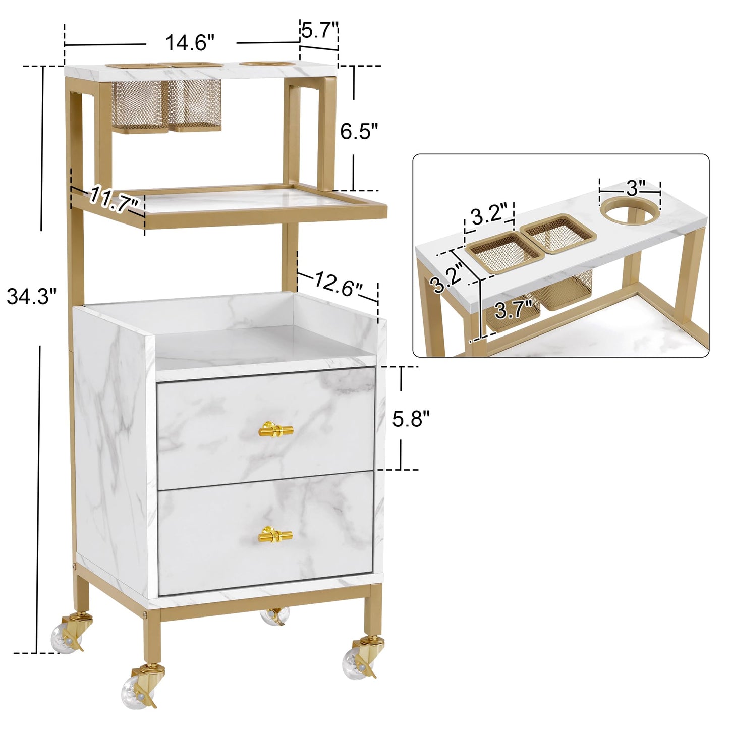 BarberPub Rolling Salon Cart with Storage Drawers, Barber Trolley with Metal Tool Holder & Basket, Beauty Salon Equipment for Hair Stylist 2084 (White Medium Size)