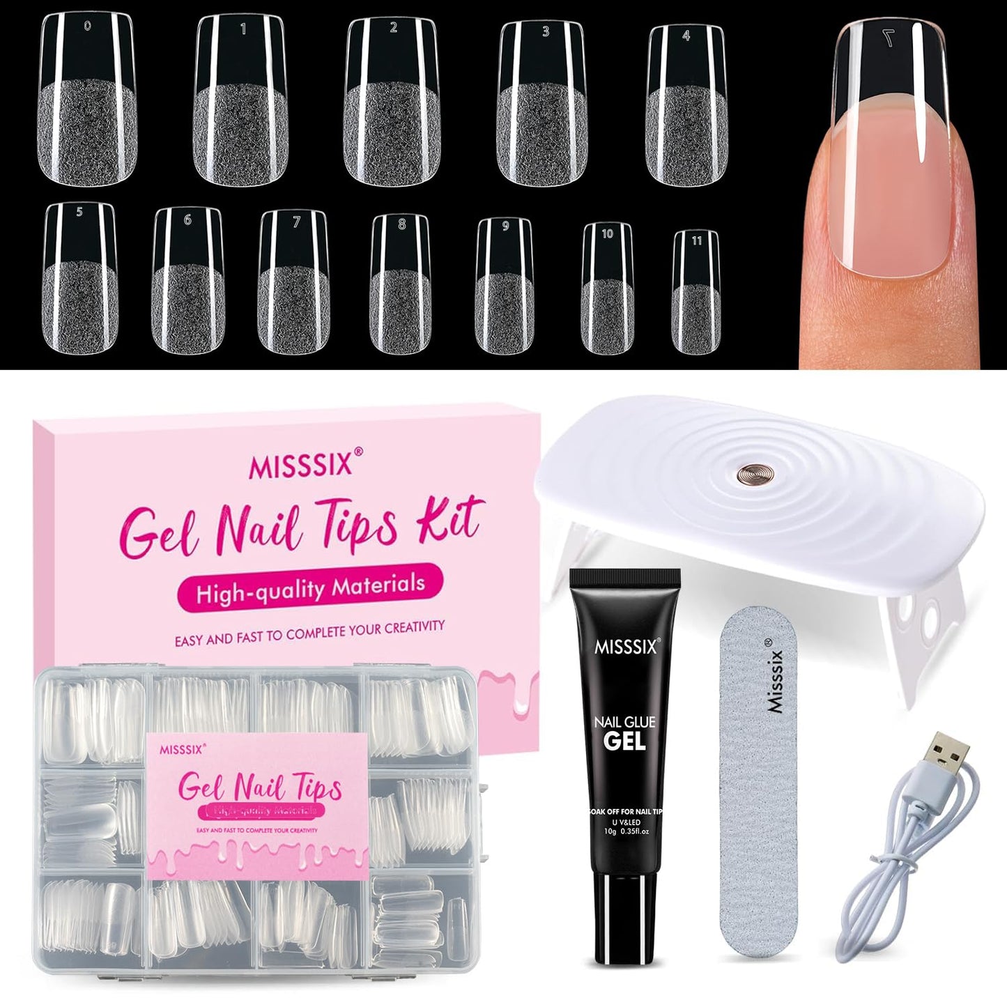 Almond Gel Nail Tips Kit - 216 Pre-Etched Clear Fake Nails | 9-in-1 Gel Glue & Mini UV Lamp for Women, 12 Sizes
