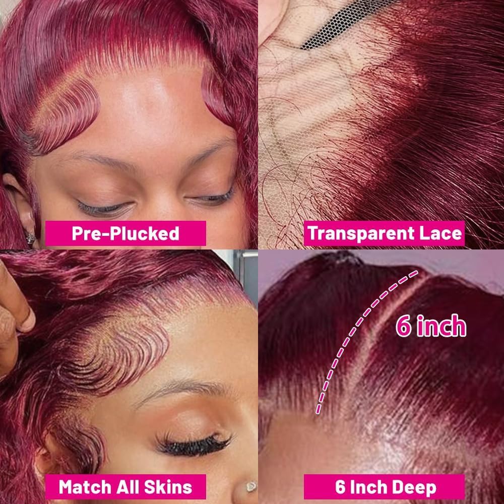 Burgundy 250 Density Human Hair Wig - 30 Inch 13x6 Deep Wave Lace Front | Pre-Plucked HD Transparent Lace Frontal for Women