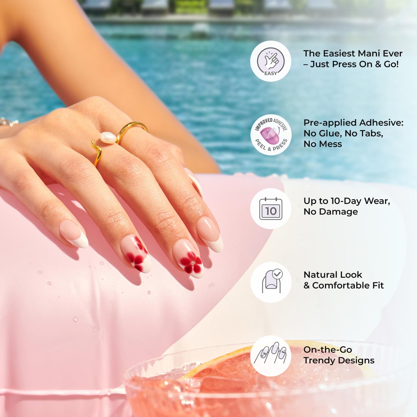 Kiss Impress No Glue Mani Press On Nails, Design, 'Coast', Red, Medium Size, Almond Shape, Includes 30 Nails, Prep Pad, 1 Manicure Stick, 1 Mini File