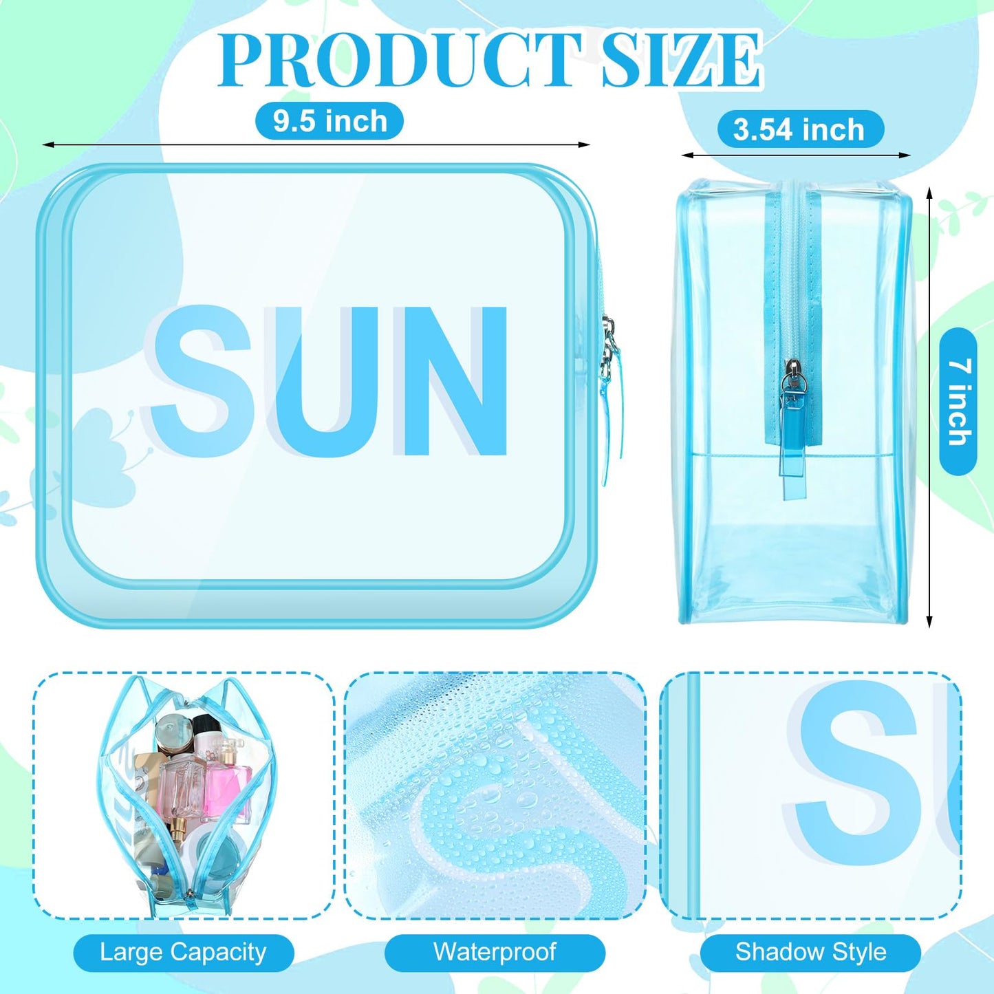 Shinylin Clear Sun Bag Travel Beach Makeup Pouch 9.5" x 7" x 3.5" Large Blue Toiletry Cosmetic Bag PVC Waterproof Transparent Zippered Organizer for Women Girl Summer