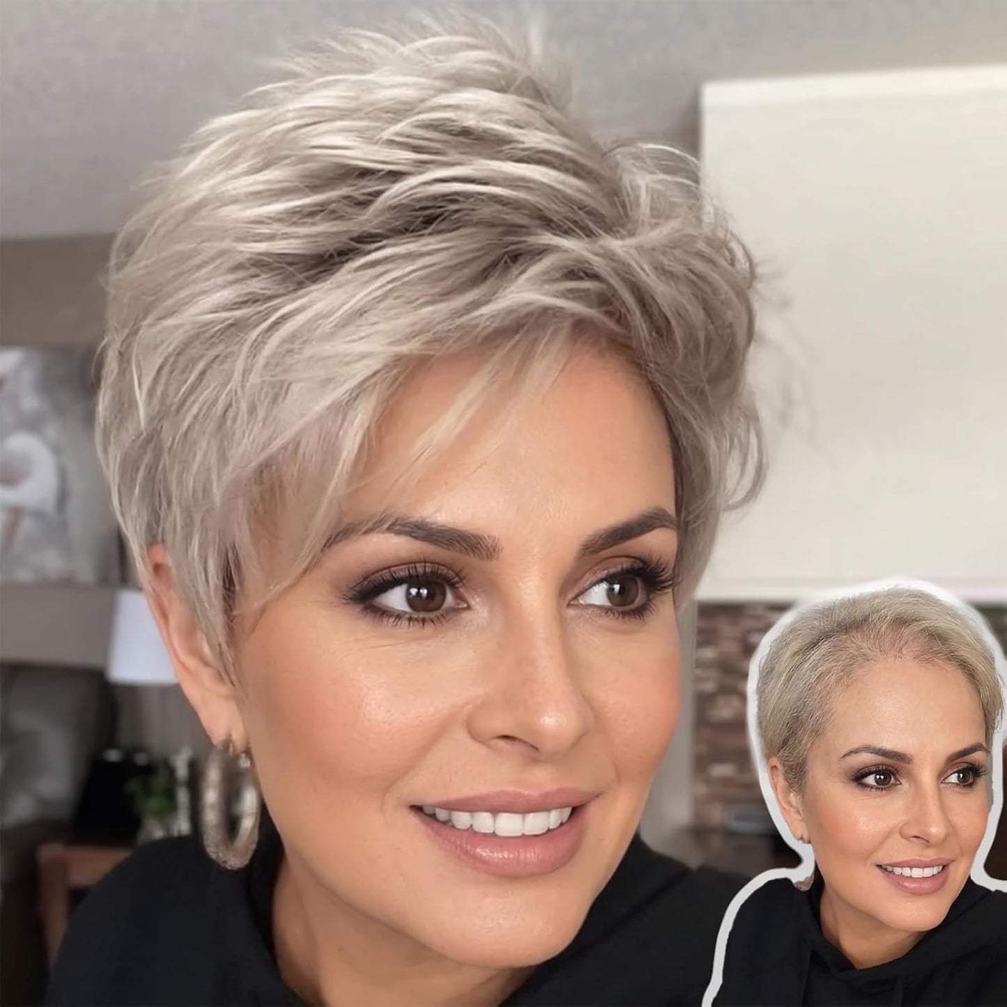 Short Pixie Wig for Women | Curly Ash Blonde with Dark Roots - Heat-Resistant Synthetic Wig with Bangs, Lightweight Cap