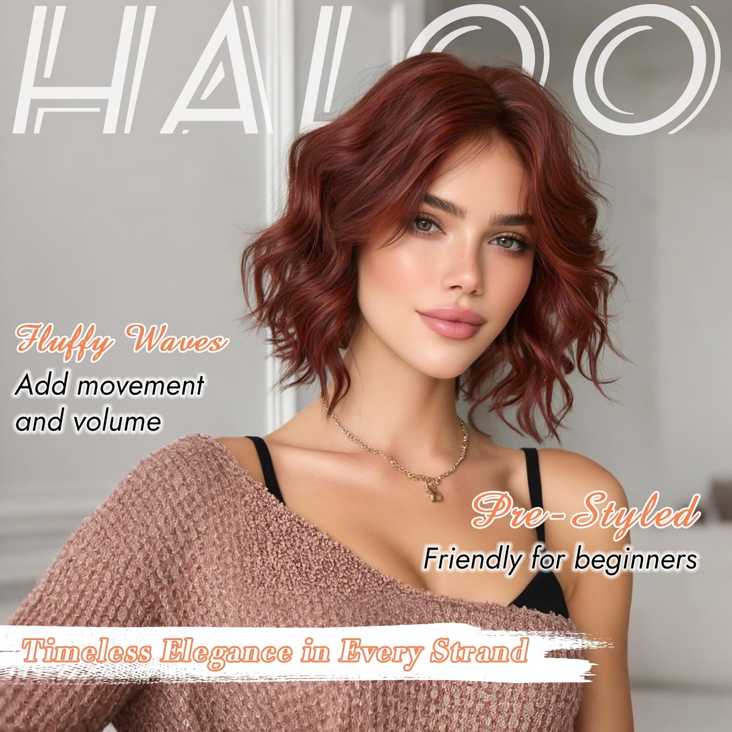 Haloo Burgundy Bob Wig for Women Lace Front Hairline Short Soft Wavy Curly Natural Looking Middle Part Synthetic Hair Wigs for Daily Party, 11 Inch