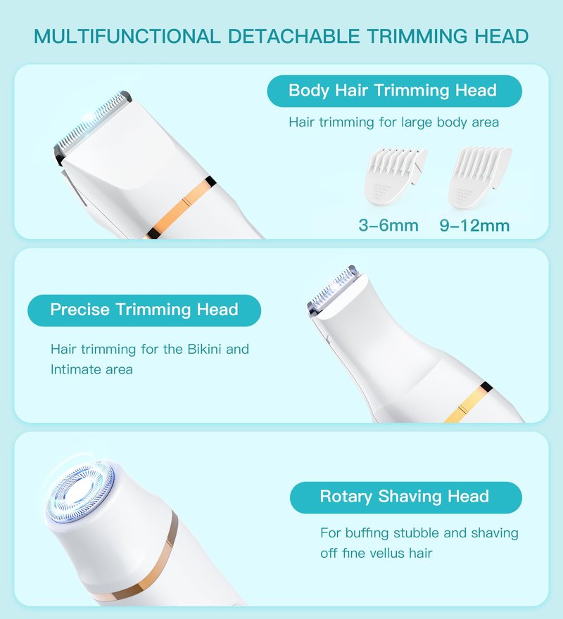 HEBECA Bikini Trimmer for Women, 3in1 Electric Razor for Women with Facial Trimmers & Intimate Shaver for Sensitive Skin, Waterproof Wet & Dry Use Rechargeable Pubic Hair Trimmer Removal