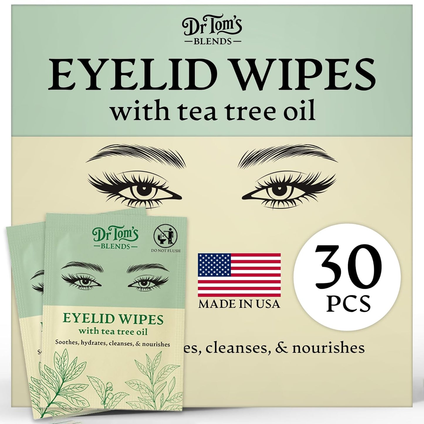 Dr. Tom's Tea Tree Oil Eyelid & Lash Wipes - 30 Individually Wrapped Makeup Remover Wipes for Dry, Itchy Eyes