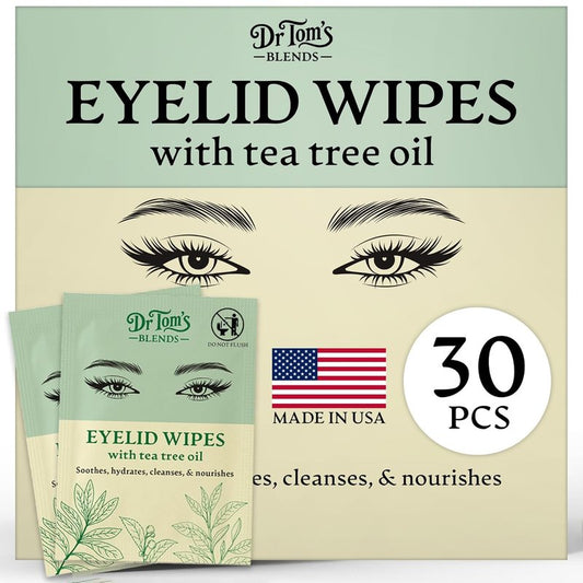Dr. Tom's Tea Tree Oil Eyelid & Lash Wipes - 30 Individually Wrapped Makeup Remover Wipes for Dry, Itchy Eyes