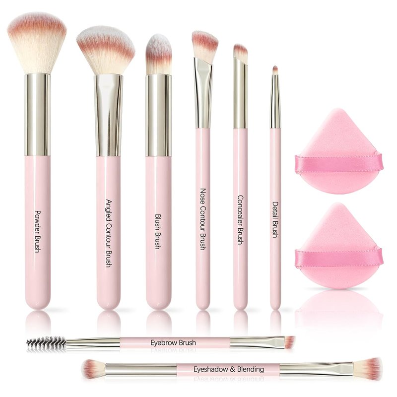 Premium Synthetic Makeup Brush Set - 8 Pcs with 2 Puffs for Powder, Concealers & Eyeshadows | Perfect for Beginners & Travel (Pink)