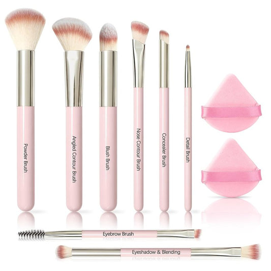 Makeup Brush Set - Premium Synthetic Brushes with 2 Puffs | 8-Piece Kit for Beginners & Professionals (Pink)