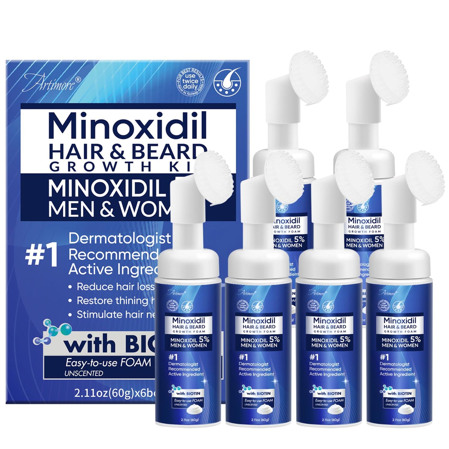 5% Minoxidil Foam for Men & Women, Minoxidil For Women Hair Growth, Extra Strength Hair Regrowth Treatment, Lightweight Non-Drip Formula for Scalp & Beard, 360ml (6 Packs)