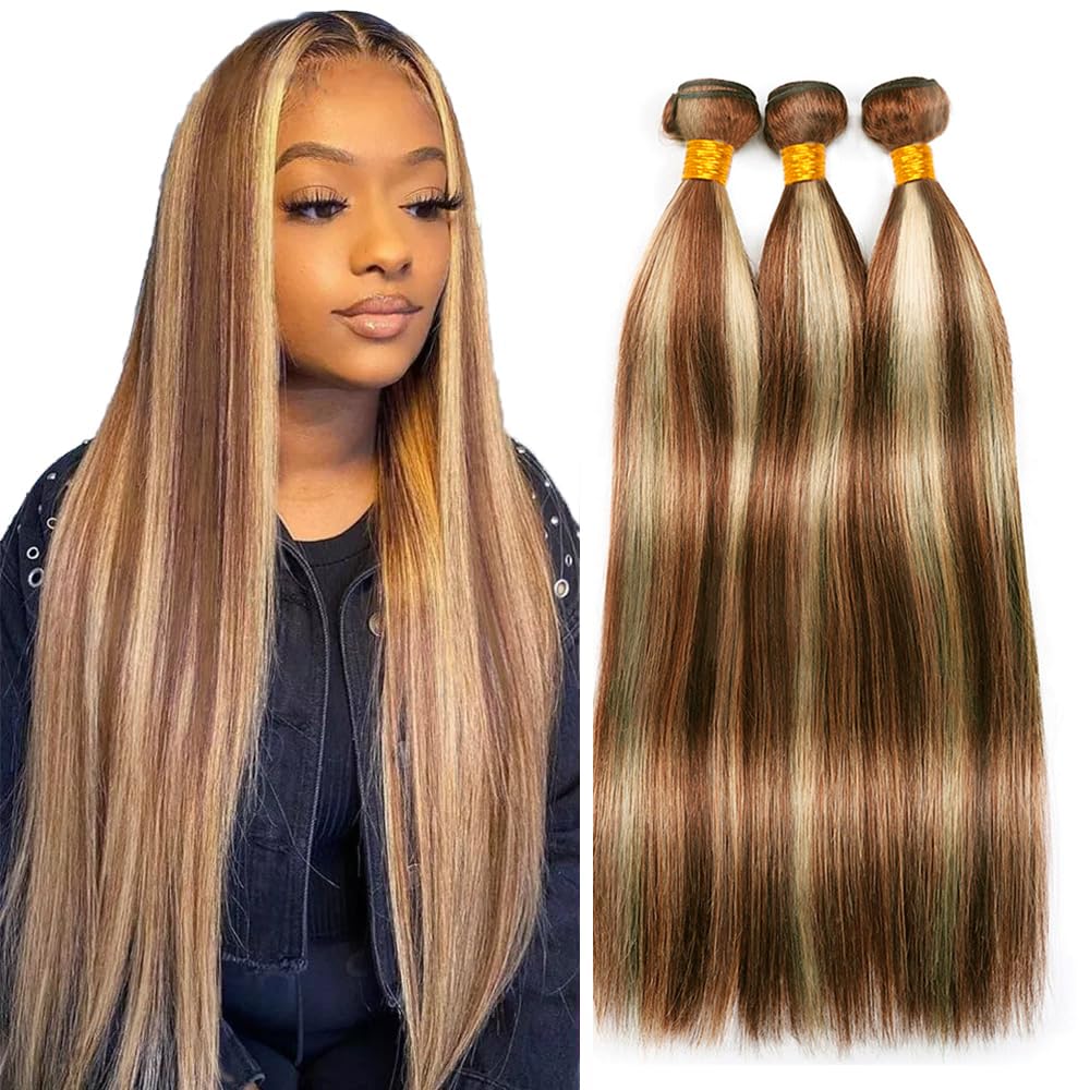 16 18 20 Inch P30/613 Highlight Blonde Bundles Human Hair 3 Bundles Brazilian Remy Hair 50 Grams/Bundle 10A Grade Unprocessed Virgin Hairs Straight Bundle Weaves Extensions