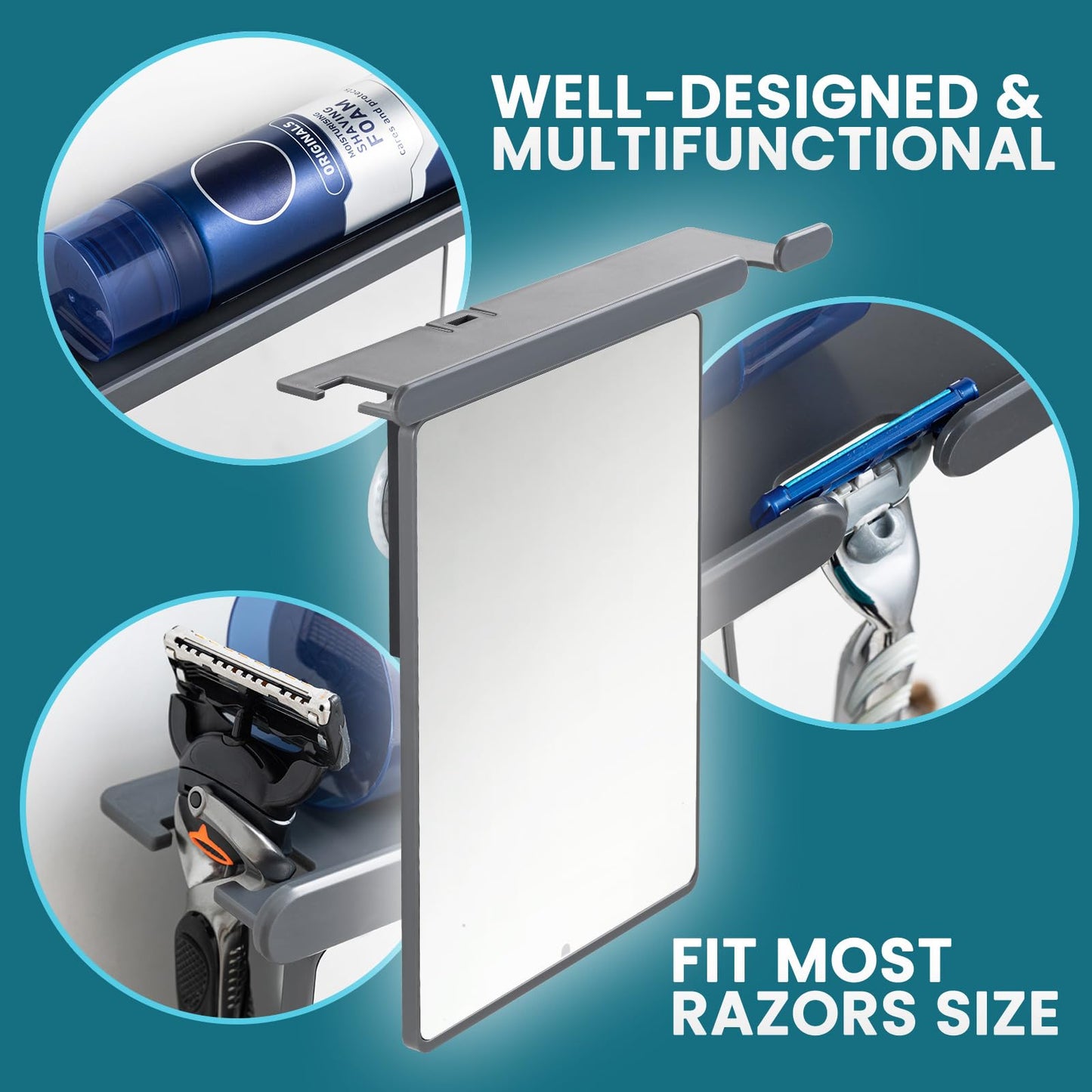 TAILI Shower Mirror Fogless for Shaving, Anti Fog Shaving Mirror with Razor Holder NO-Drilling,Removable,Shatterproof & Waterproof,Wall Mounted Bathroom Accessories with Powerful Suction(Grey)
