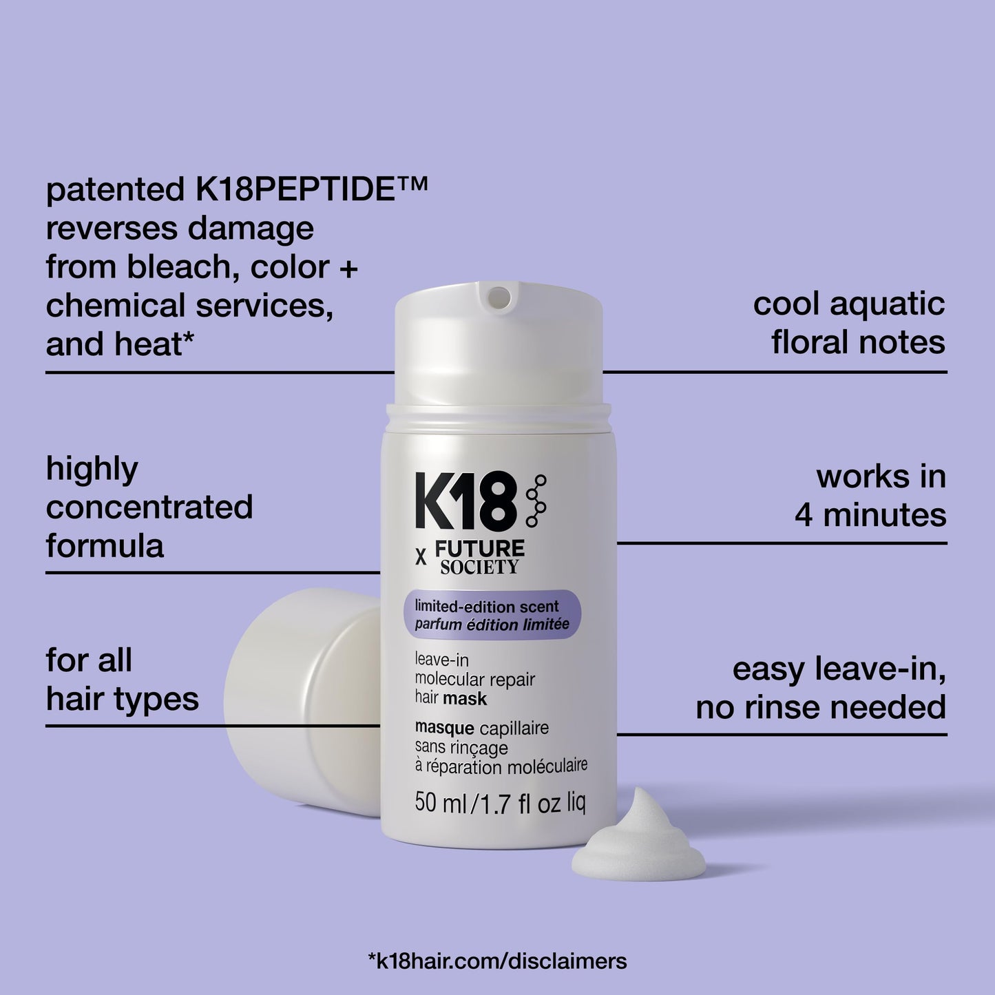 K18 x Future Society Leave-In Molecular Repair Hair Mask - Limited-Edition Scent Peptide Hair Treatment Mask for Bleach, Color, Chemical + Heat Damaged Strands - Damage Reversal in 4 Mins (1.7 Fl oz)