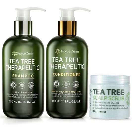 Roycederm Tea Tree Antifungal Scalp Care Set – Pre-Shampoo Scrub + Tea Tree Antifungal Shampoo + Hydrating Conditioner – Itchy & Dry Scalp Relief, Dandruff & Folliculitis Treatment